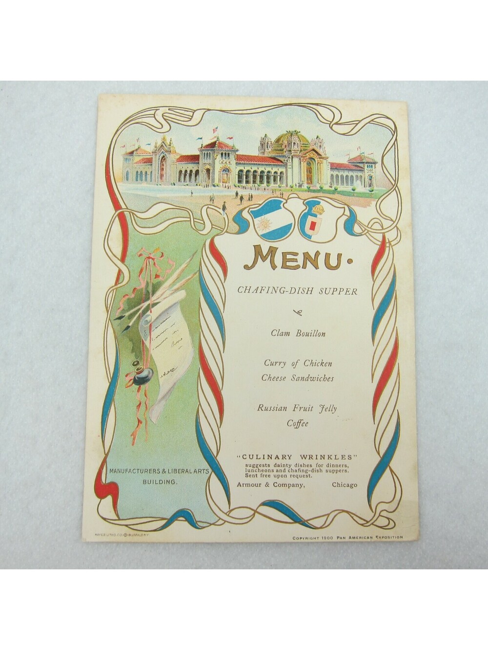 1900-1901 Pan American Exposition Menu Manufacturers & Liberal Arts Armour RARE
